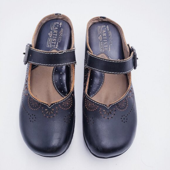 L'Artiste by Spring Step Aneria Black Leather Buckled Clogs Slip On Open Back 38 - Picture 6 of 10